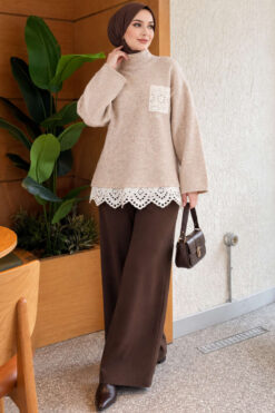 Alternative view of Lace Pocket Detail Knit Tunic Beige