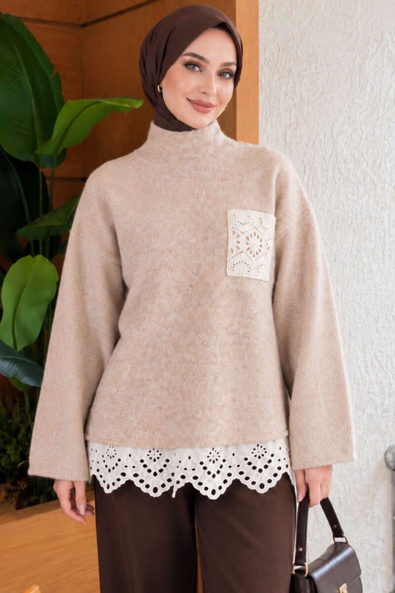 Lace Pocket Detail Knit Tunic Beige - immagine 3
