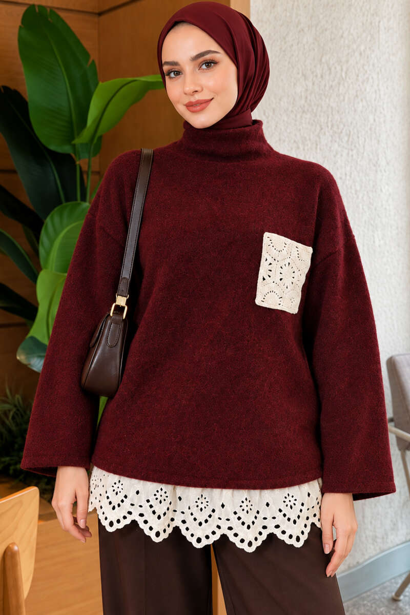 Lace Pocket Detail Knit Tunic Burgundy