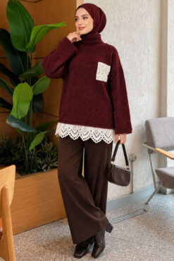 Alternative view of Lace Pocket Detail Knit Tunic Burgundy