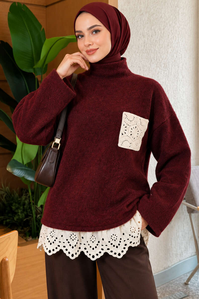 Lace Pocket Detail Knit Tunic Burgundy - immagine 3