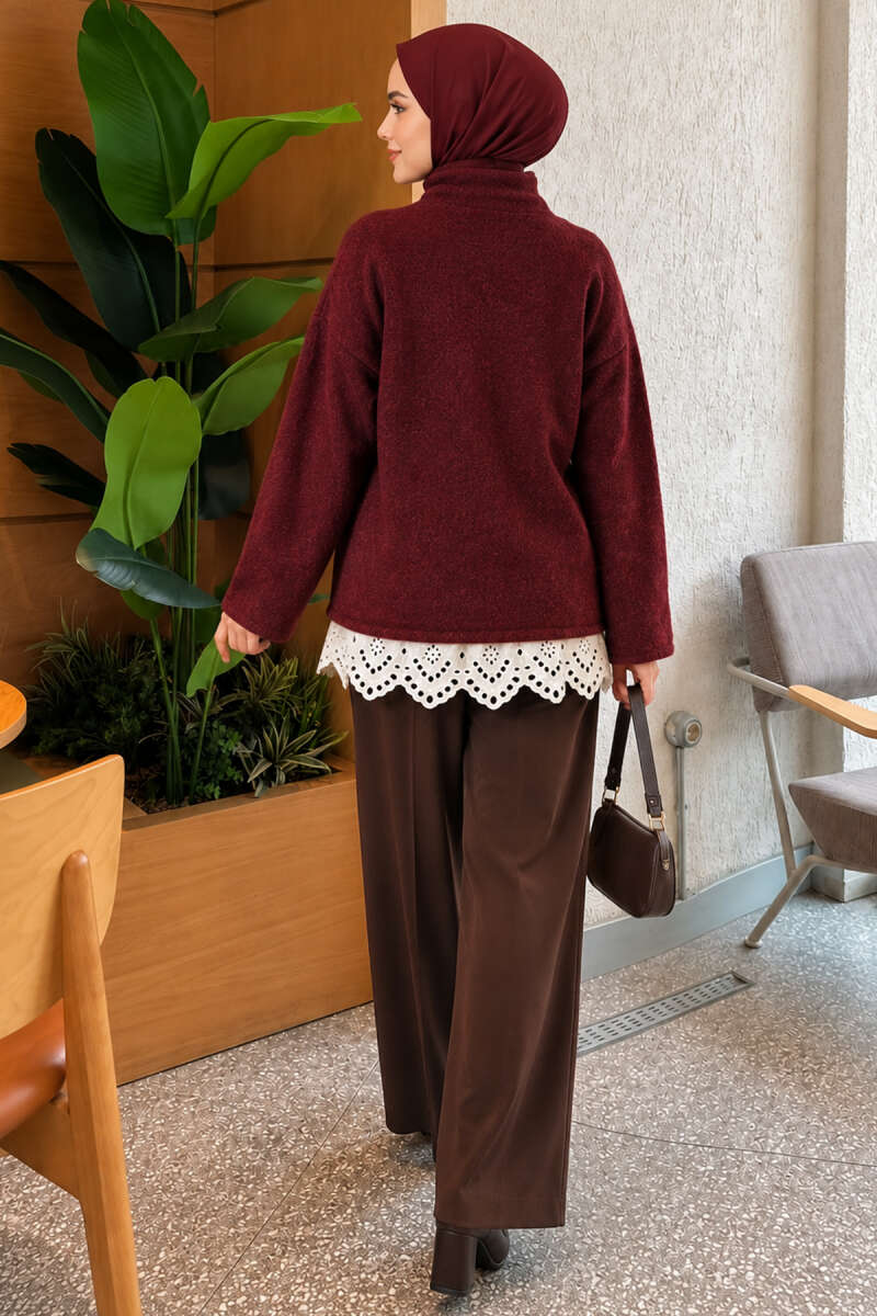 Lace Pocket Detail Knit Tunic Burgundy - immagine 4