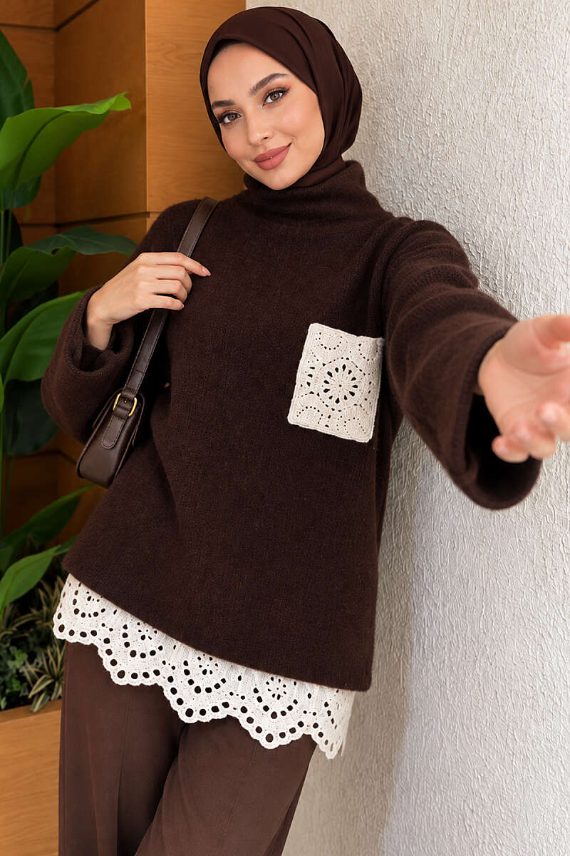 Lace Pocket Detail Knit Tunic Brown