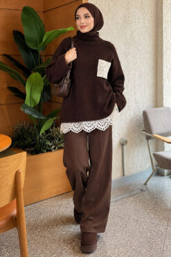 Alternative view of Lace Pocket Detail Knit Tunic Brown