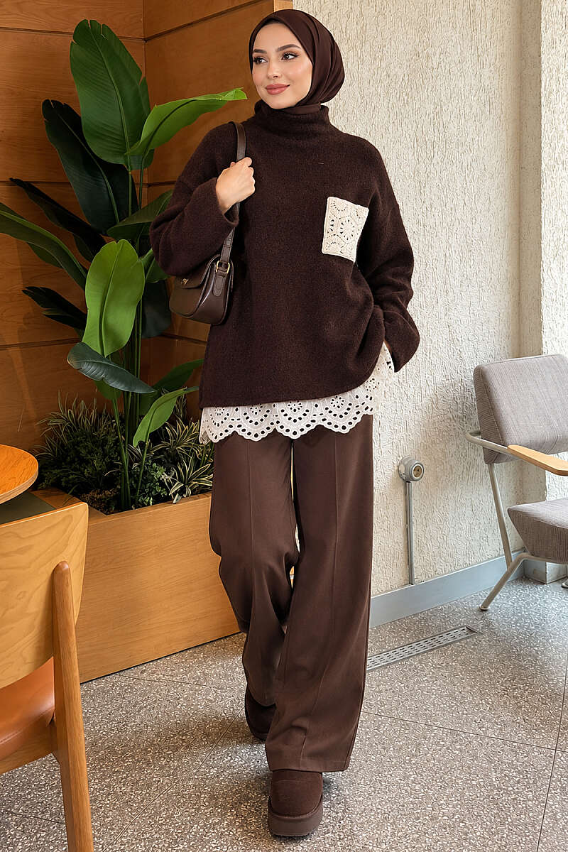 Lace Pocket Detail Knit Tunic Brown - immagine 2