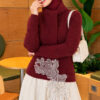 Lace-Accented Loop-Front Knit Sweater Burgundy