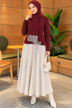 Alternative view of Lace-Accented Loop-Front Knit Sweater Burgundy