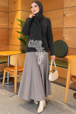Alternative view of Lace-Accented Loop-Front Knit Sweater Smoke
