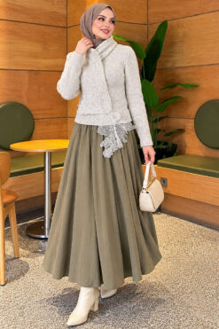Alternative view of Lace-Accented Loop-Front Knit Sweater Grey