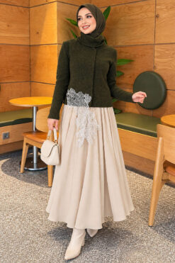 Alternative view of Lace-Accented Loop-Front Knit Sweater Khaki