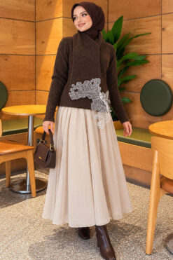 Alternative view of Lace-Accented Loop-Front Knit Sweater Brown