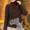 ⁦Lace-Accented Loop-Front Knit Sweater Brown⁩ - الصورة ⁦3⁩