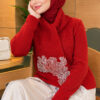 Lace-Accented Loop-Front Knit Sweater Red