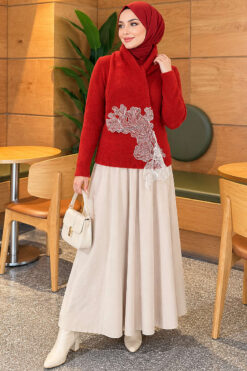 Alternative view of Lace-Accented Loop-Front Knit Sweater Red