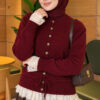 Lace-Trimmed Tie-Front French Terry Knit Cardigan Burgundy