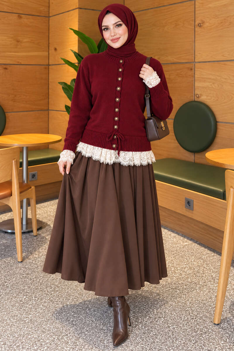 Lace-Trimmed Tie-Front French Terry Knit Cardigan Burgundy – Image 2