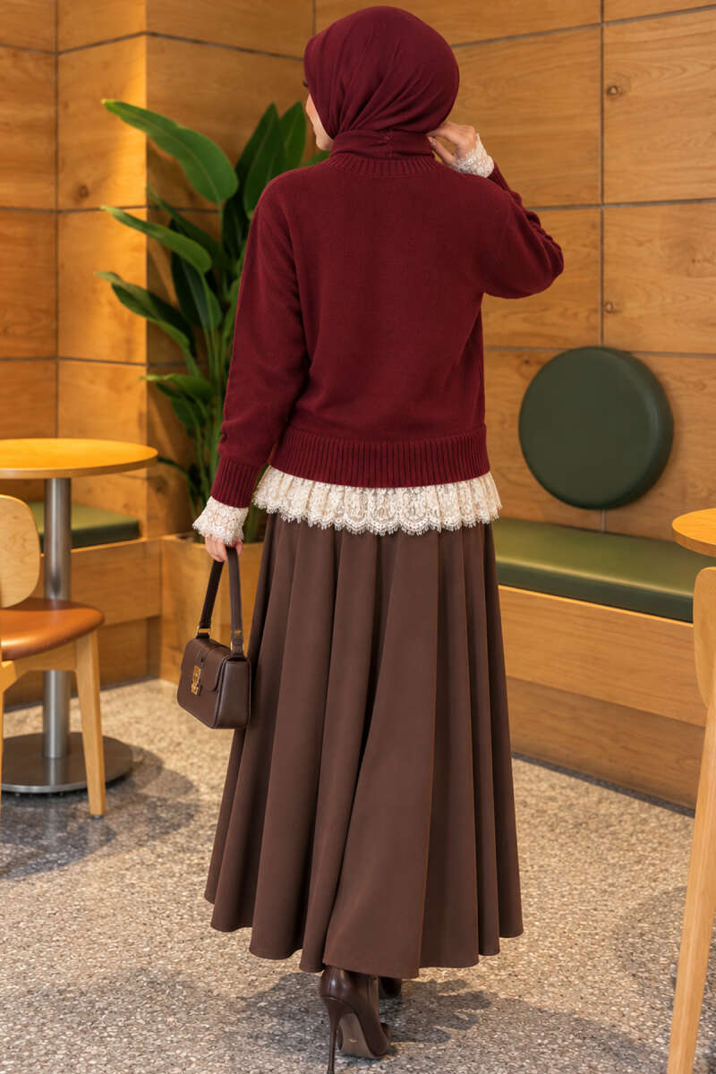 Lace-Trimmed Tie-Front French Terry Knit Cardigan Burgundy – Image 4