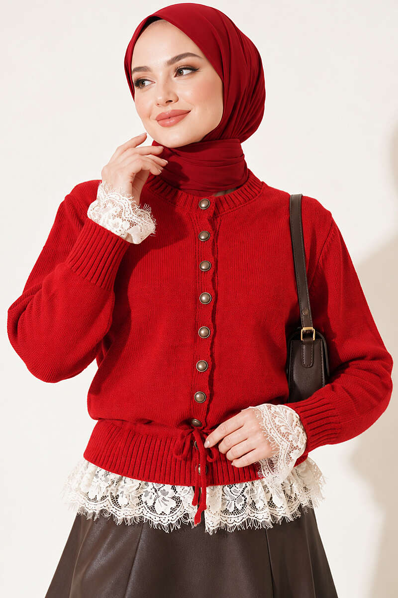 Lace-Trimmed Tie-Front French Terry Knit Cardigan Red