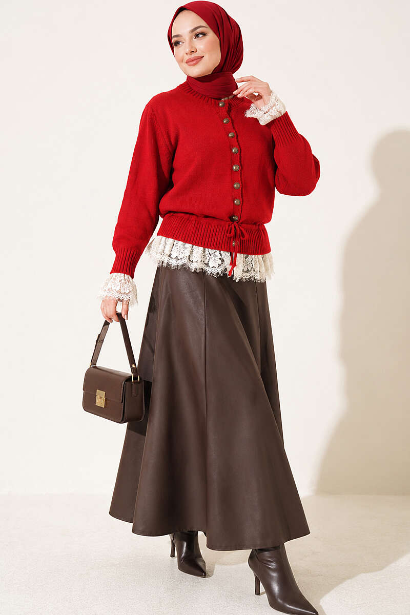 Lace-Trimmed Tie-Front French Terry Knit Cardigan Red - Imagen 2