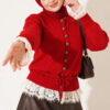 Lace-Trimmed Tie-Front French Terry Knit Cardigan Red - Imagen 3