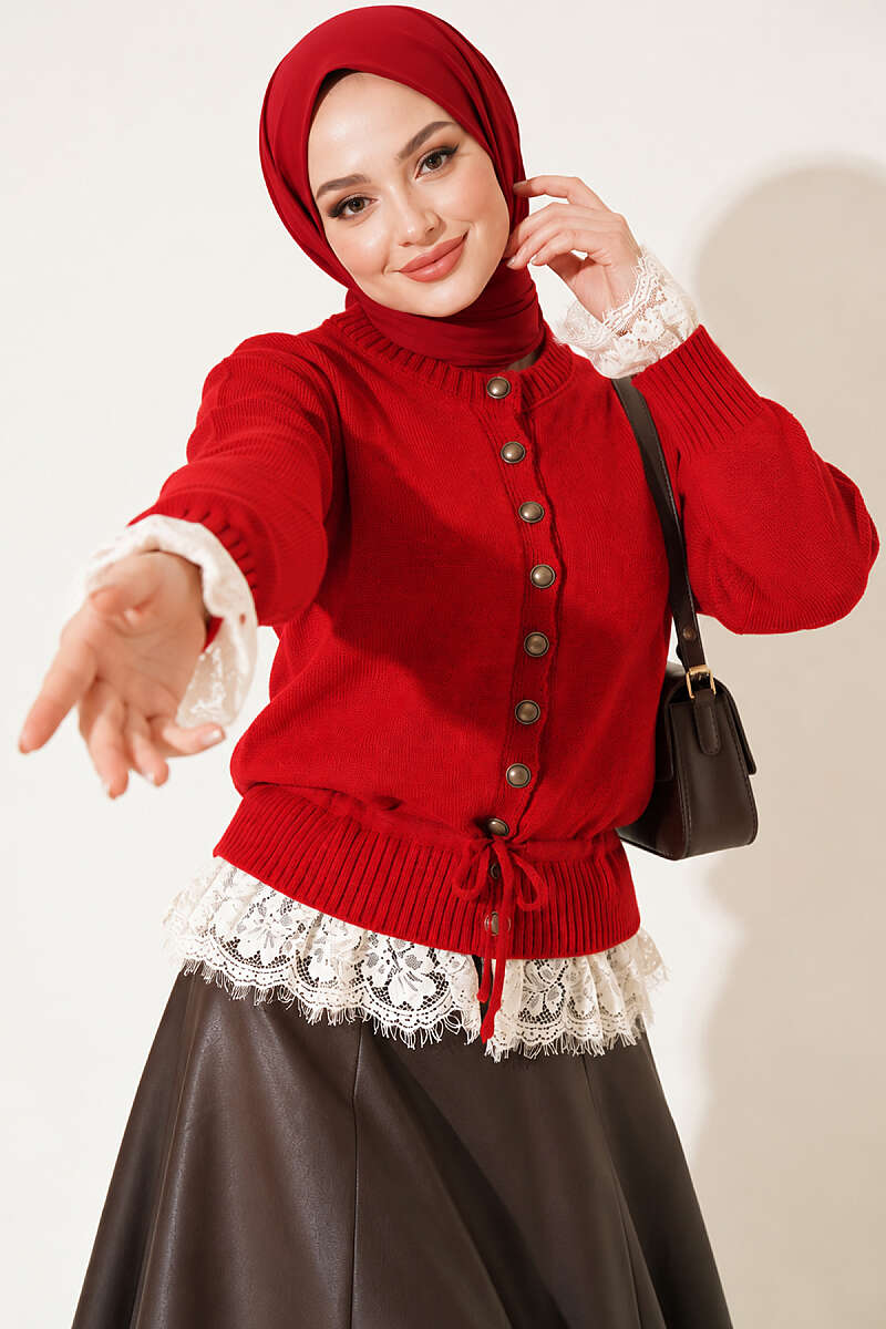Lace-Trimmed Tie-Front French Terry Knit Cardigan Red - Imagen 3
