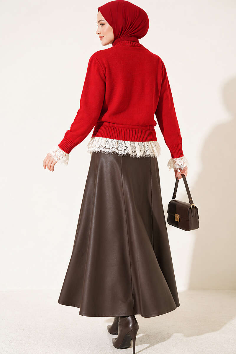 Lace-Trimmed Tie-Front French Terry Knit Cardigan Red - Imagen 4
