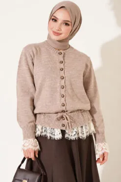 Lace-Trimmed Tie-Front French Terry Knit Cardigan Latte