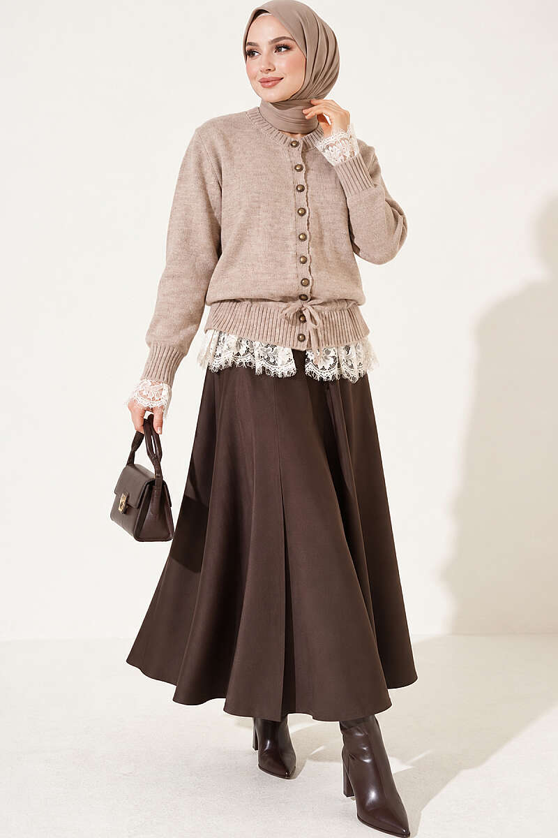 Lace-Trimmed Tie-Front French Terry Knit Cardigan Latte – Image 2
