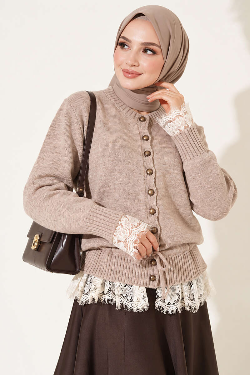 Lace-Trimmed Tie-Front French Terry Knit Cardigan Latte – Image 3