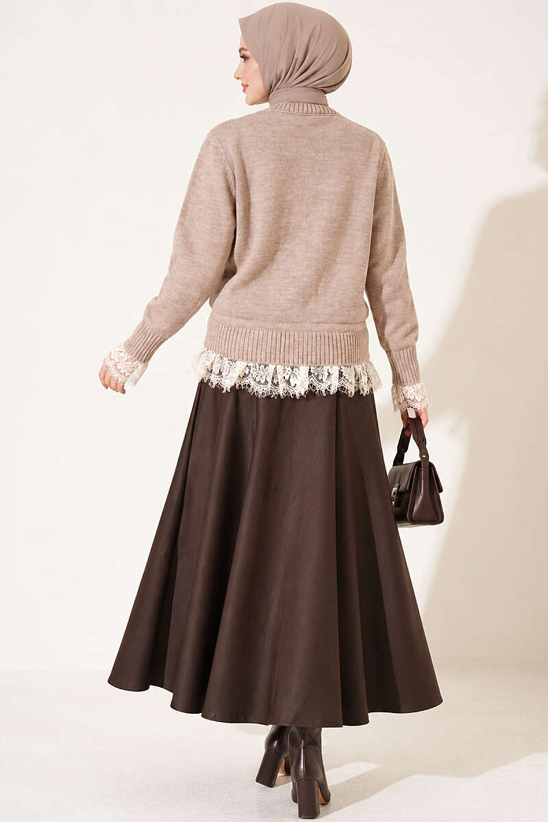 Lace-Trimmed Tie-Front French Terry Knit Cardigan Latte – Image 4