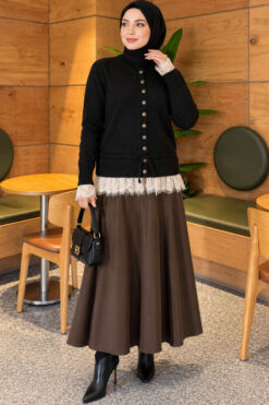 Alternative view of Lace-Trimmed Tie-Front French Terry Knit Cardigan Black