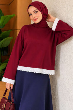 Lace-Accented Basic Tunic Burgundy