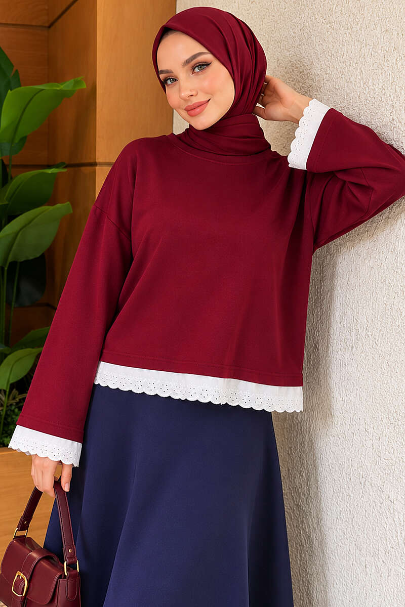 Lace-Accented Basic Tunic Burgundy