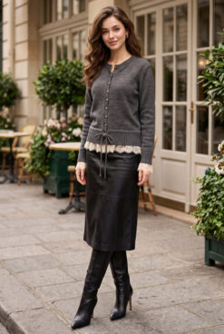 Alternative view of Lace-Trimmed Button-Up Knit Cardigan Anthracite