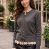 Lace-Trimmed Button-Up Knit Cardigan Anthracite