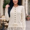 Lace-Trimmed Button-Up Knit Cardigan Ecru