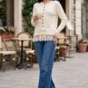 Lace-Trimmed Button-Up Knit Cardigan Ecru - Image 4