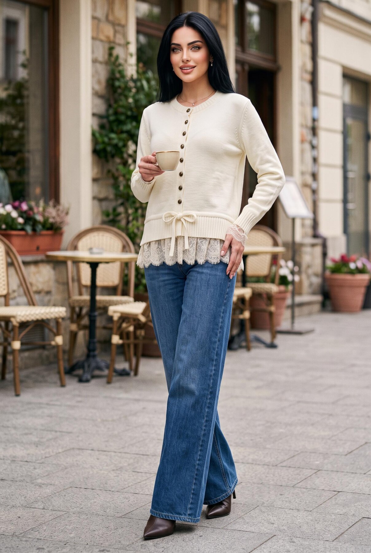 Lace-Trimmed Button-Up Knit Cardigan Ecru - Image 4