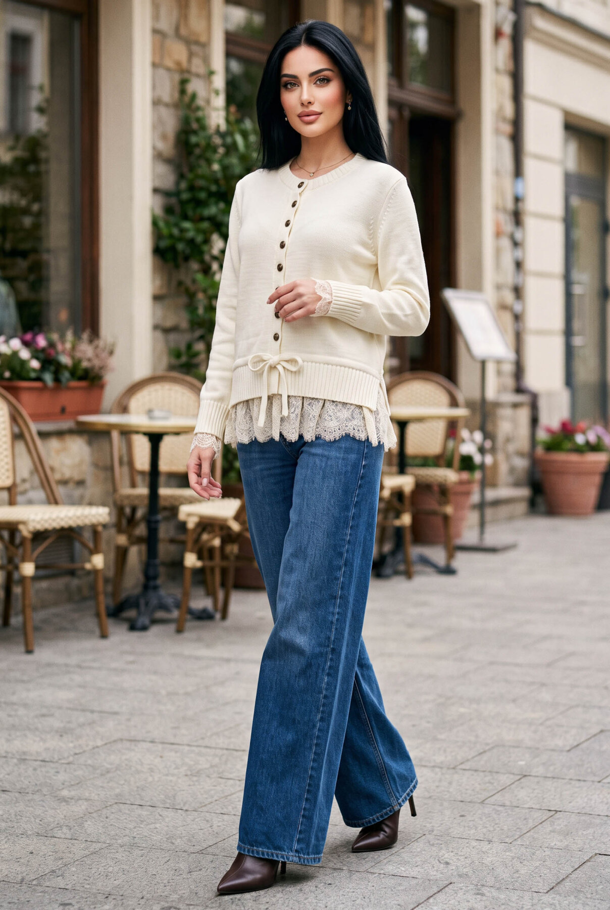 Lace-Trimmed Button-Up Knit Cardigan Brown - Afbeelding 8
