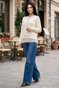 Alternative view of Lace-Trimmed Button-Up Knit Cardigan Ecru