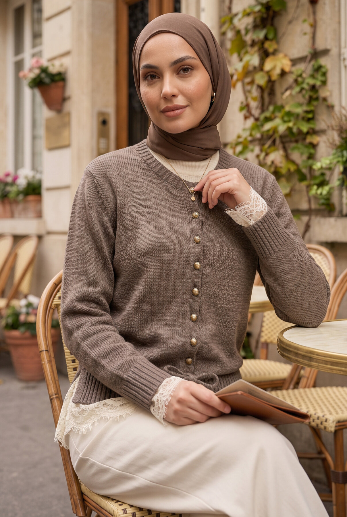 Lace-Trimmed Button-Up Knit Cardigan Brown - Afbeelding 3