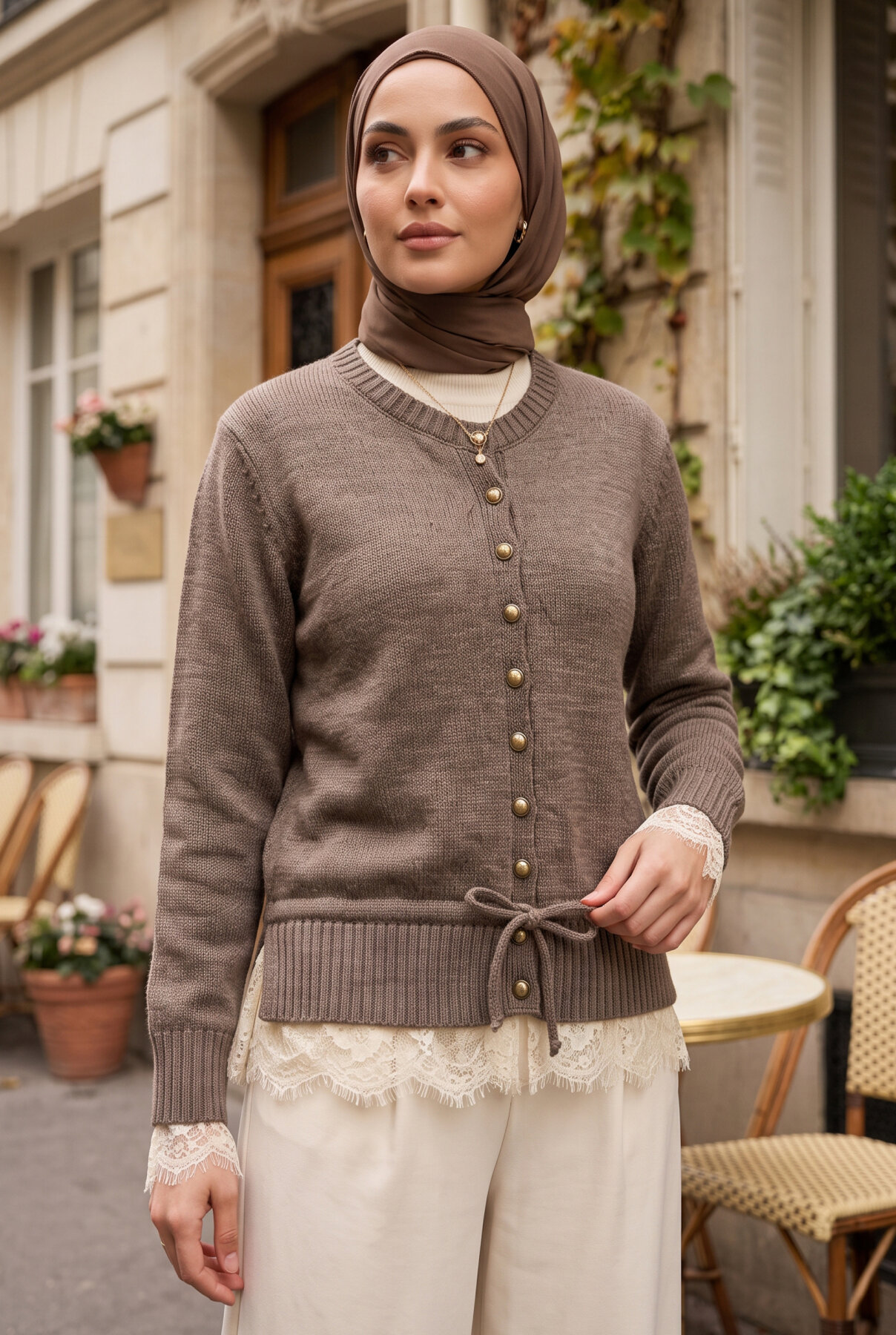 Lace-Trimmed Button-Up Knit Cardigan Brown