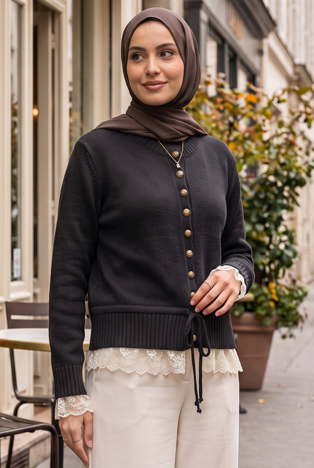 Lace-Trimmed Button-Up Knit Cardigan Brown - Afbeelding 5