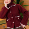 Lace-Trimmed Pearl Button Bearded Cardigan Burgundy