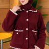 Lace-Trimmed Pearl Button Bearded Cardigan Burgundy – Bild 3