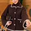 Lace-Trimmed Pearl Button Bearded Cardigan Brown