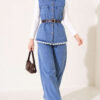 Lace-Trimmed Belted Denim Two-Piece Set Denim Blue