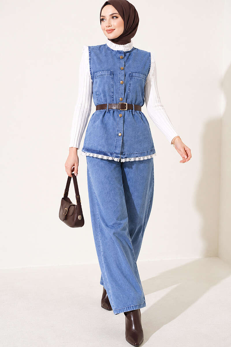 Lace-Trimmed Belted Denim Two-Piece Set Denim Blue