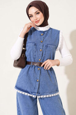 Alternative view of Lace-Trimmed Belted Denim Two-Piece Set Denim Blue