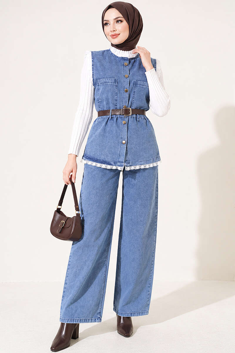 Lace-Trimmed Belted Denim Two-Piece Set Denim Blue – Image 3